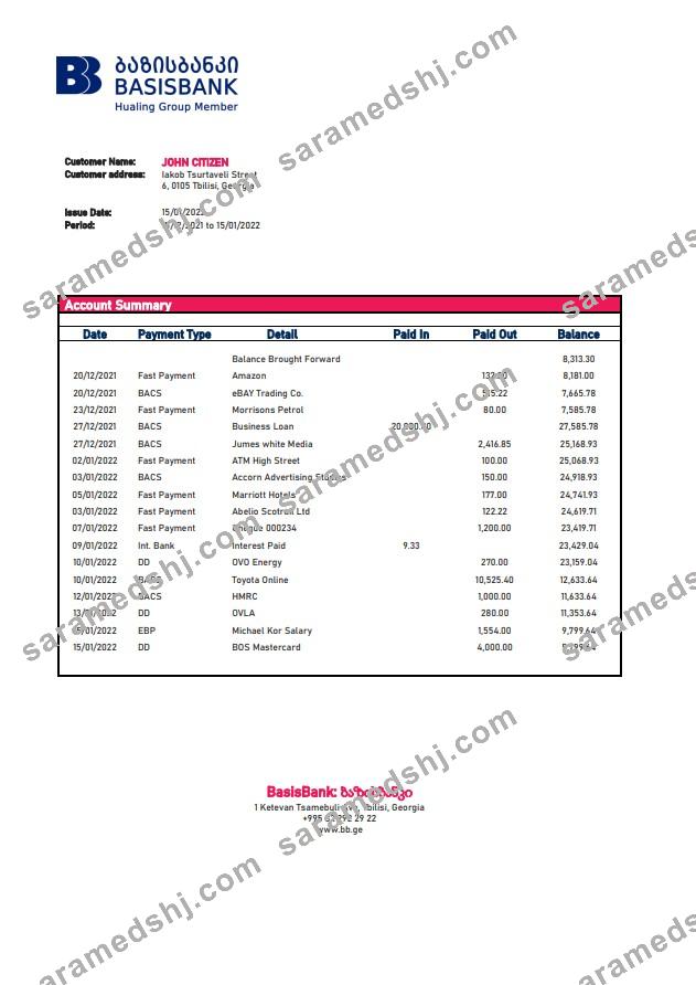 Georgia Basis Bank statement